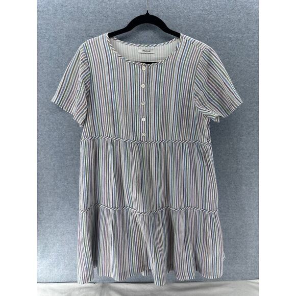 Madewell Womens sz M Striped Crewneck Button-Front Tiered Mini Dress 100% Cotton - Picture 3 of 10